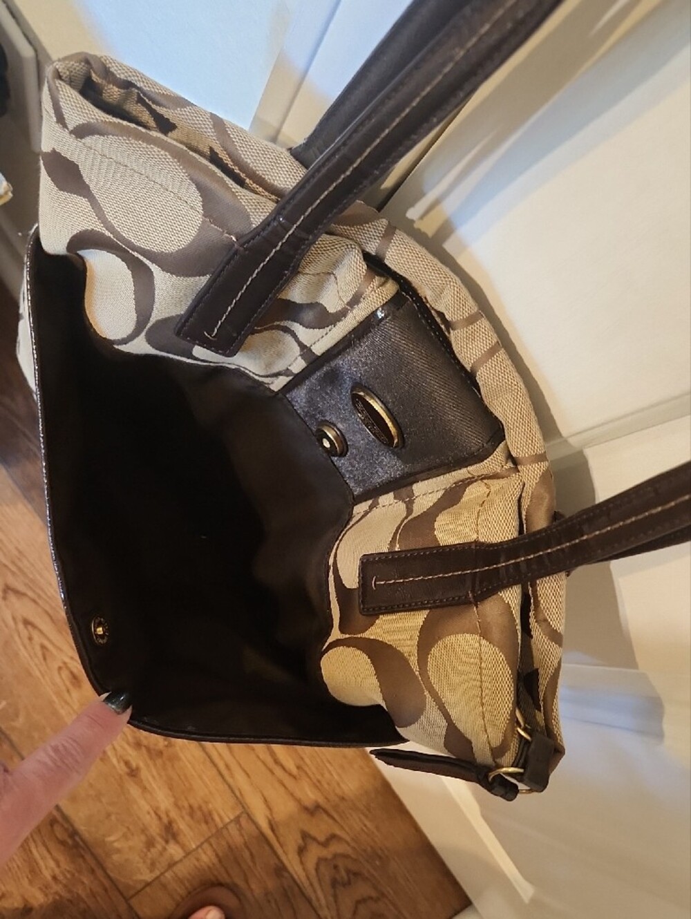 COACH Brown Signature Shoulder Tote with Dark Brown Trim - Picture 3 of 14